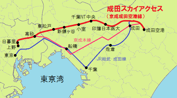 成田スカイアクセスのルート図