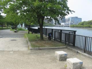 奥に見える水色の柱が大阪水上バスの桟橋。その周囲も柵の高さが異なる。